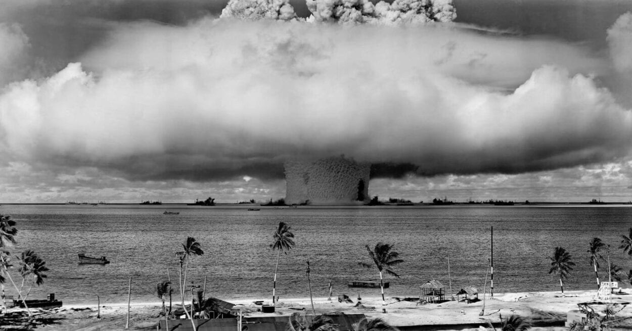 black and white photo of a nuclear explosion